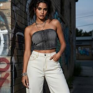 Sz Med HALARA Black Distressed Stretch Denim Button Front Strapless Tube Top